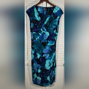 American Living Dress Blue Green Floral Ruched V Neck Faux Wrap Stretch Dress 12